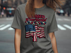 Grey t-shirt with "Blessed is the Nation" text and American flag design.