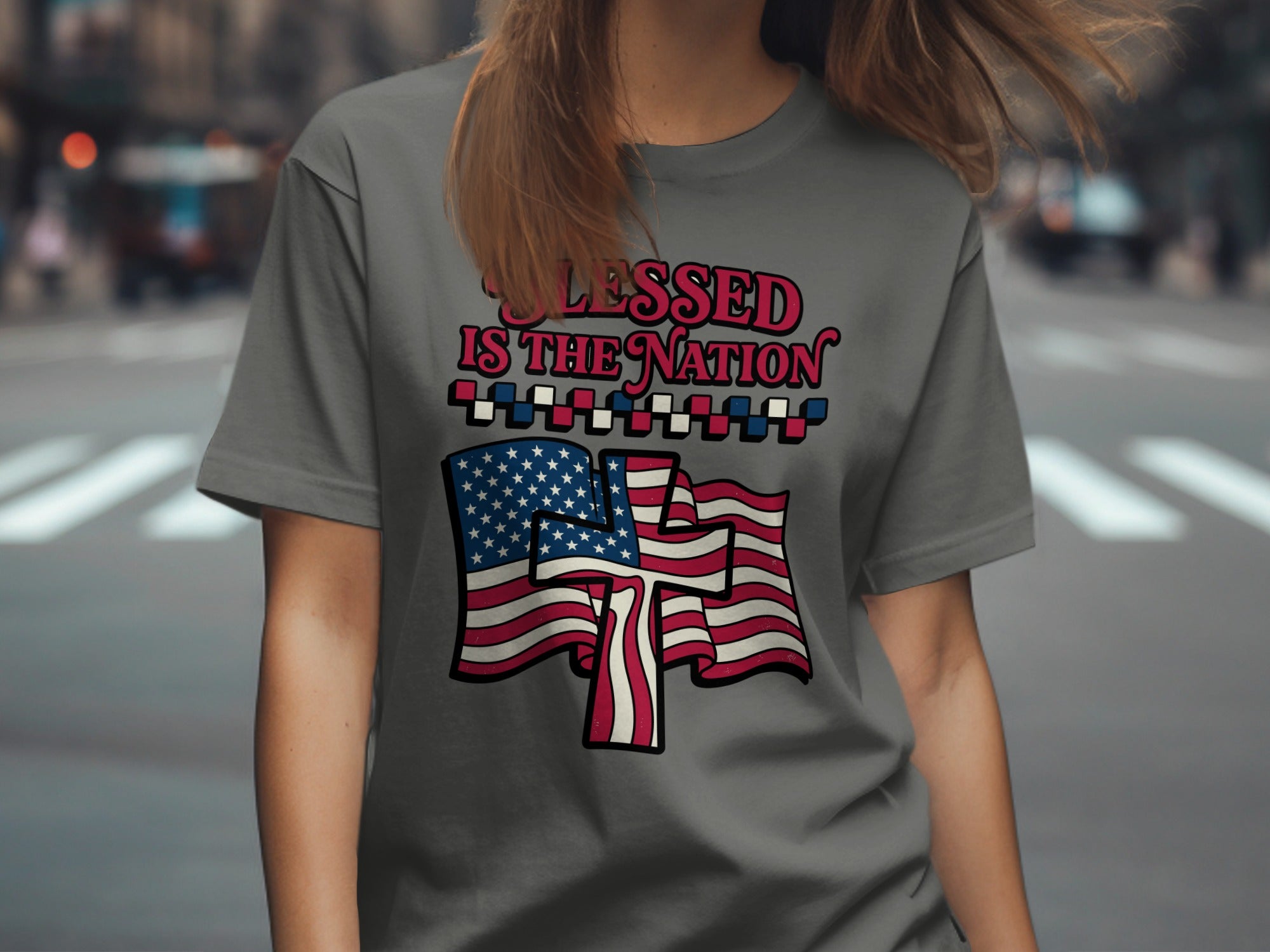 Grey t-shirt with "Blessed is the Nation" text and American flag design.