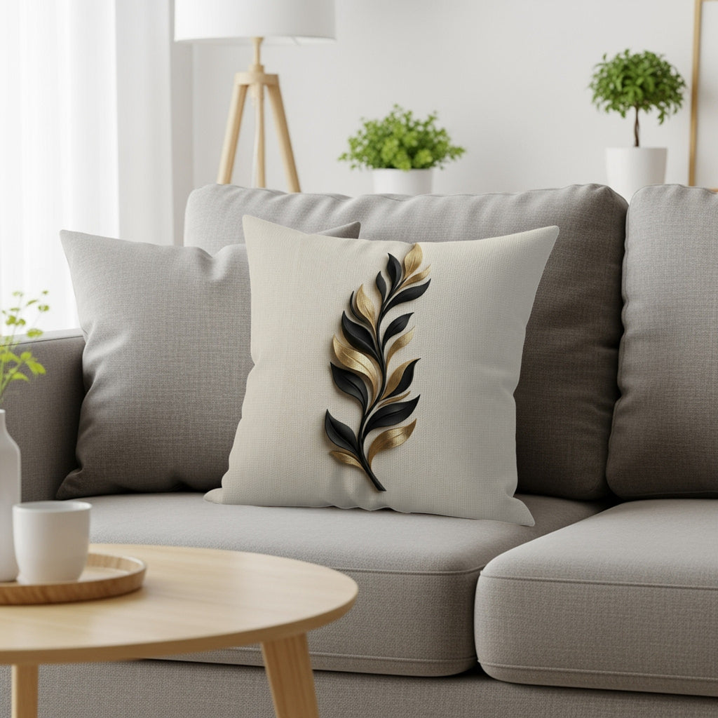 Throw pillow with black and gold metallic leaf design on textured beige fabric.