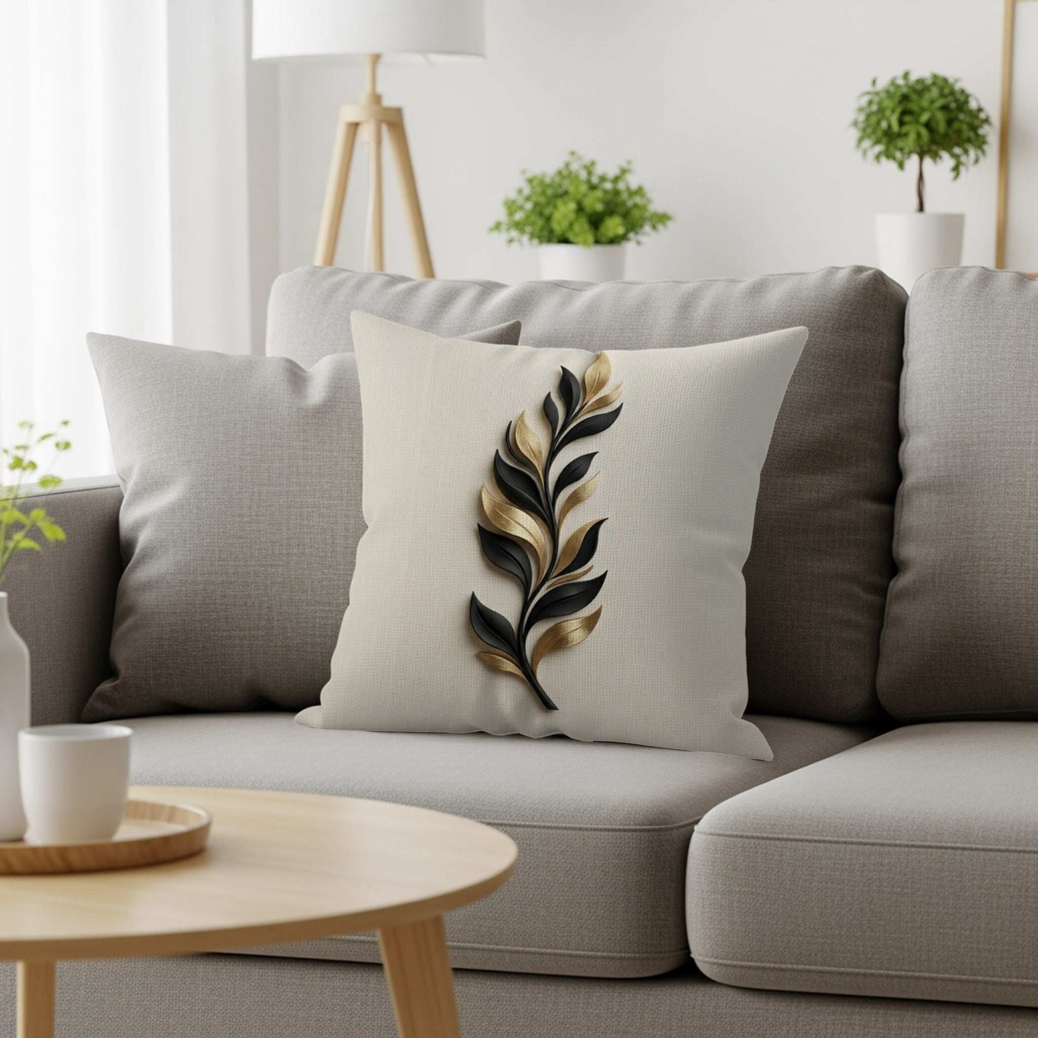 Throw pillow with black and gold metallic leaf design on textured beige fabric.