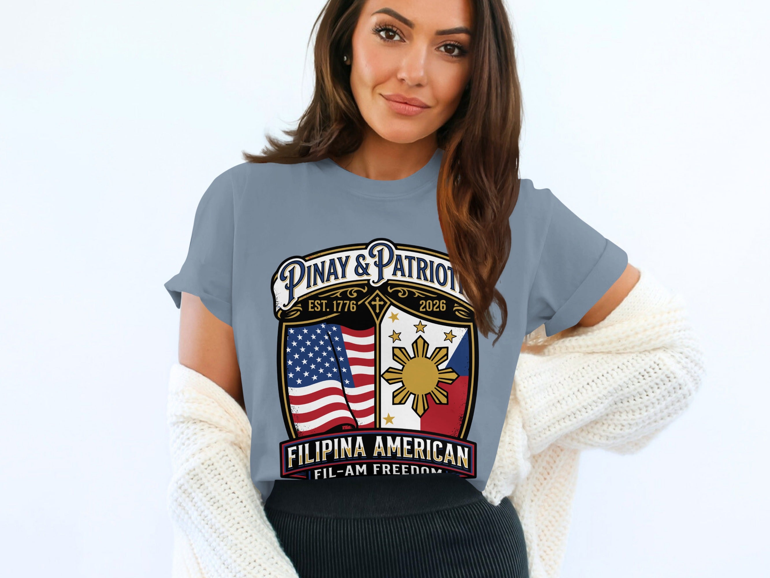 "Pinay & Patriot" t-shirt with US and Philippine flags, "Fil-Am Freedom" text.