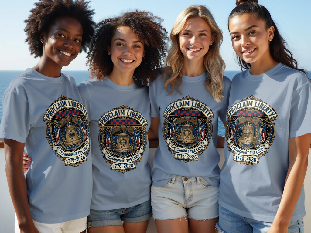 Four smiling women wearing gray t-shirts with a "Proclaim Liberty" graphic.