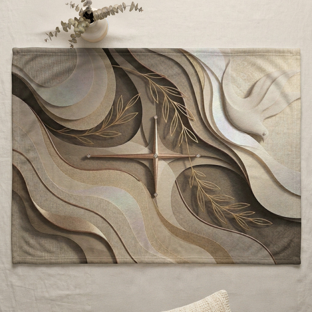 Brown and beige wavy design with golden olive branches and dove.
