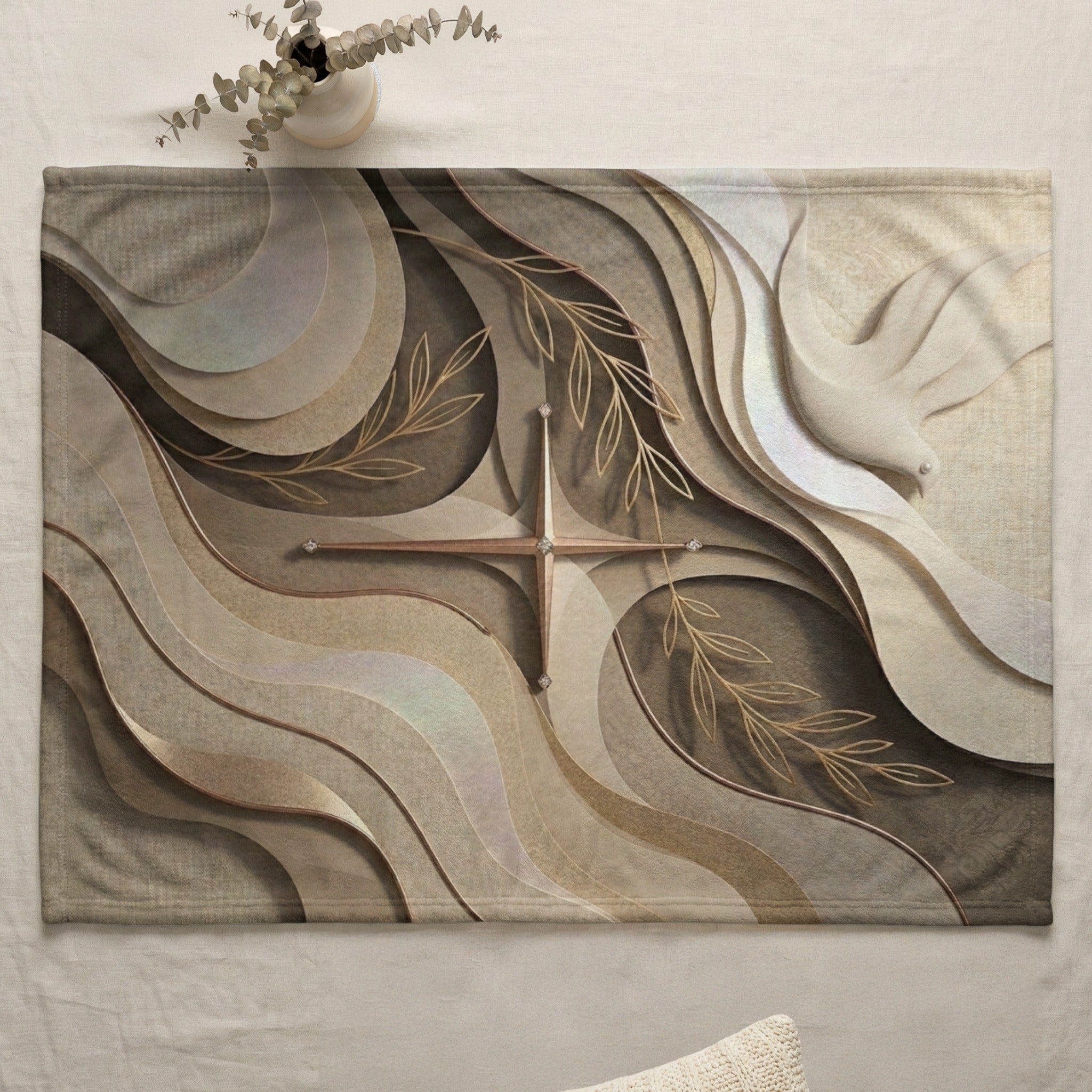 Brown and beige wavy design with golden olive branches and dove.