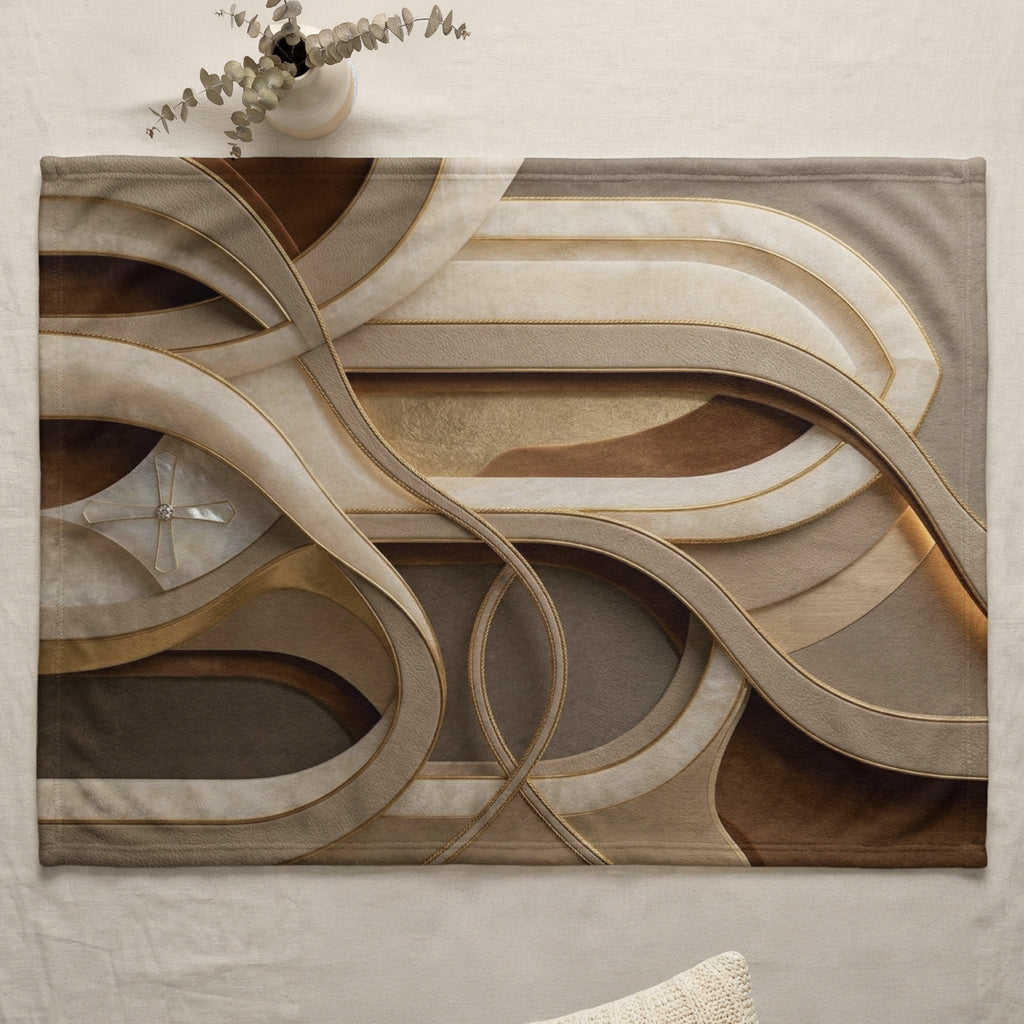 Abstract brown and gold wavy ribbon design on a textured placemat.