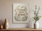 Canvas art with "Grace upon Grace (John 1:16)" in gold script.