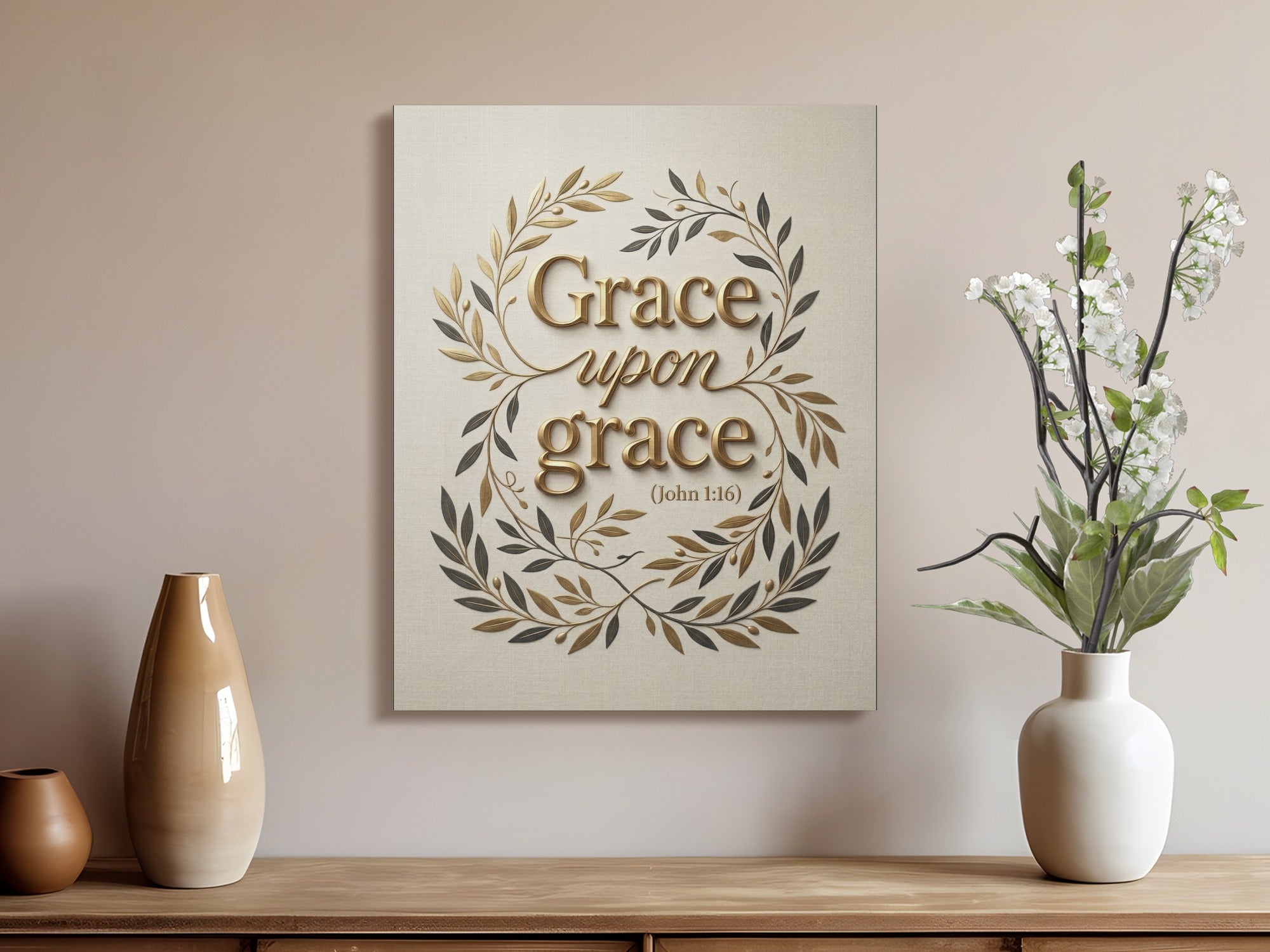 Canvas art with "Grace upon Grace (John 1:16)" in gold script.