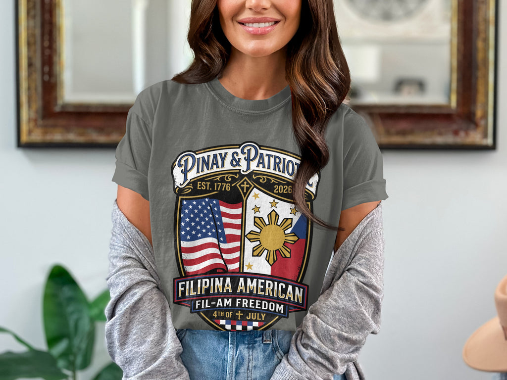 T-shirt with Pinay & Patriot logo, Philippine and US flags, and "Filipina American" text.