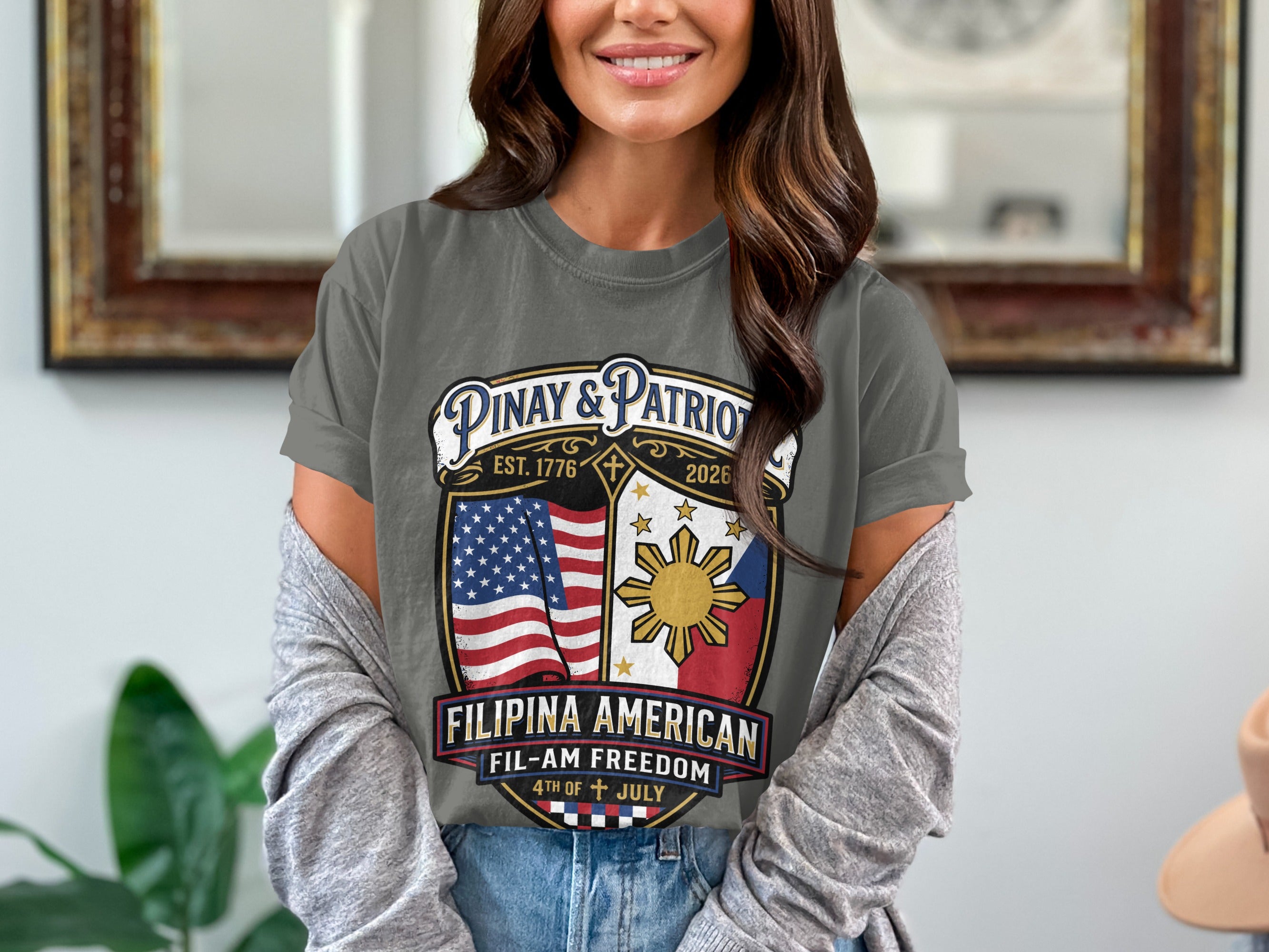 T-shirt with Pinay & Patriot logo, Philippine and US flags, and "Filipina American" text.