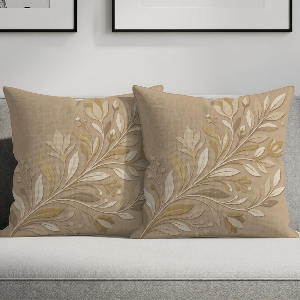 Two tan decorative pillows with cream and gold floral branch pattern.