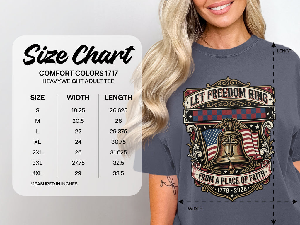 Comfort Colors 1717 heavyweight adult tee size chart with graphic.