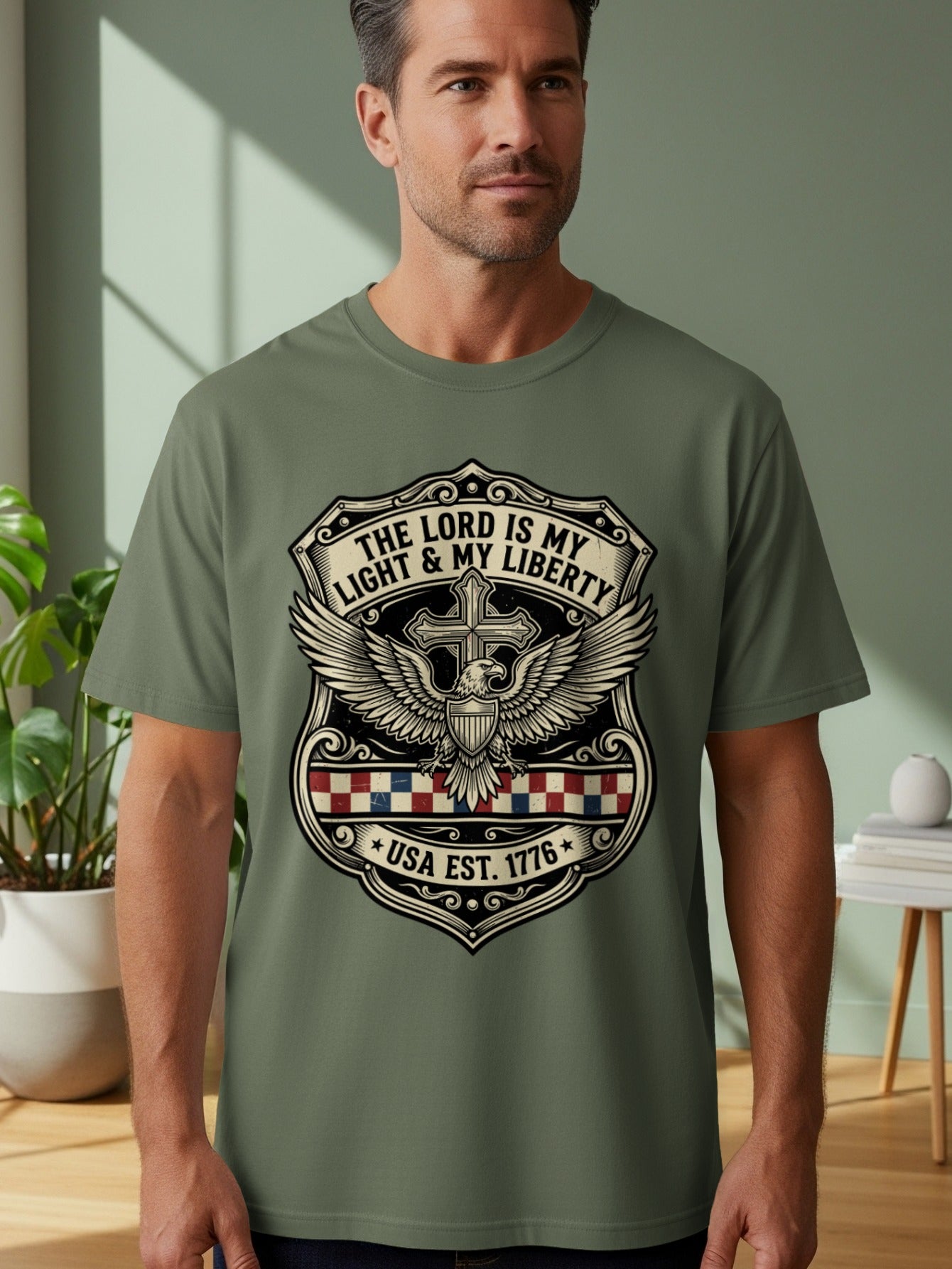 Shield emblem with eagle, flag stripes, and text: "THE LORD IS MY LIGHT & MY LIBERTY"
