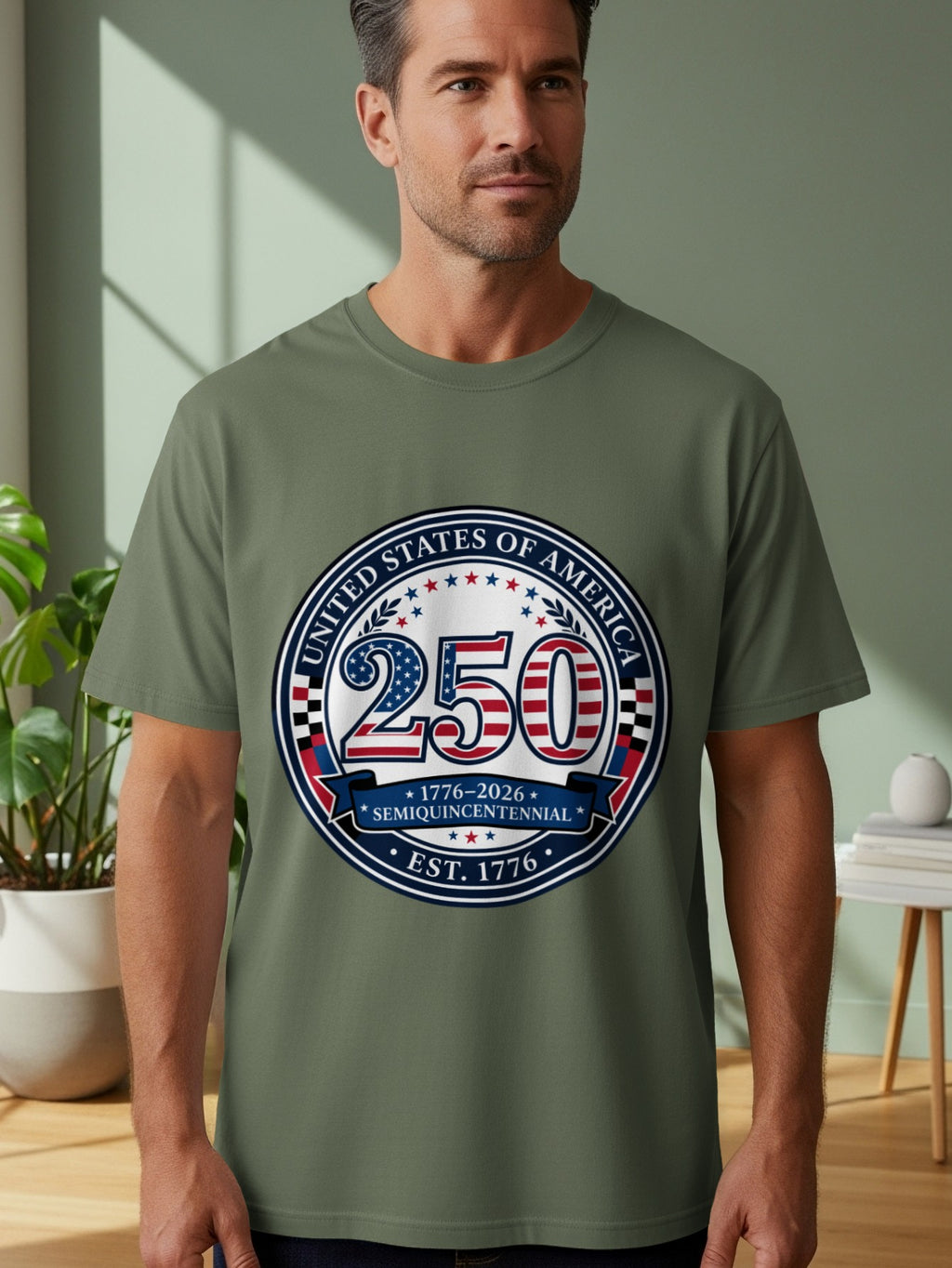 T-shirt with United States 250th Semiquincentennial logo.