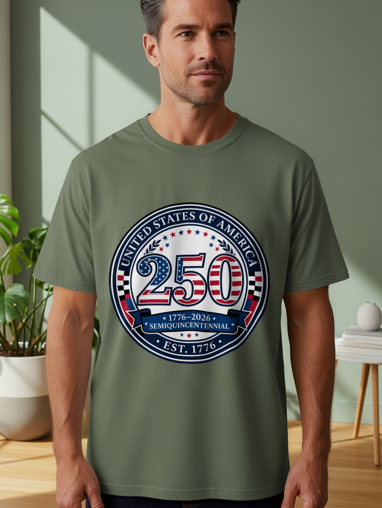 T-shirt with United States 250th Semiquincentennial logo.
