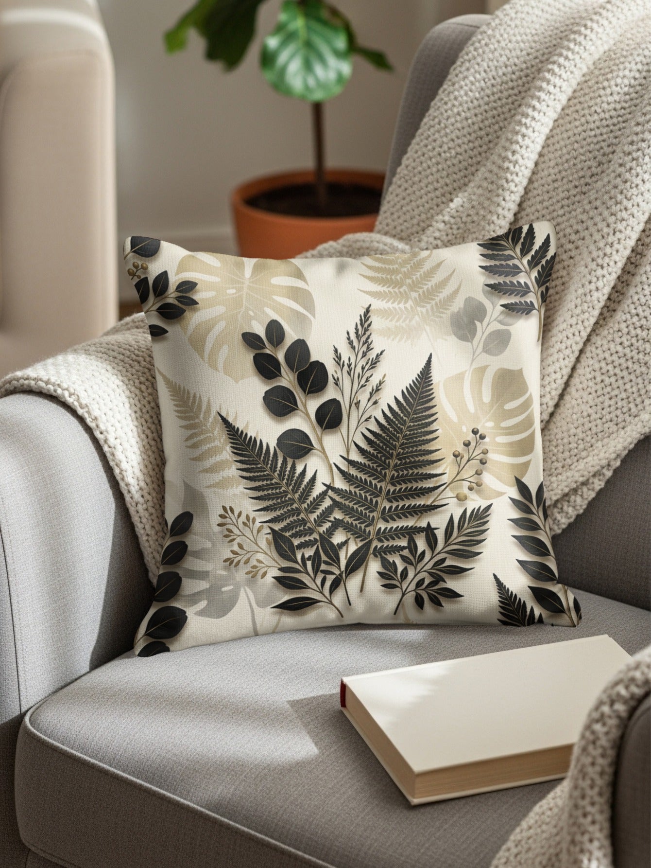 Gray armchair with a botanical print throw pillow and a closed book.