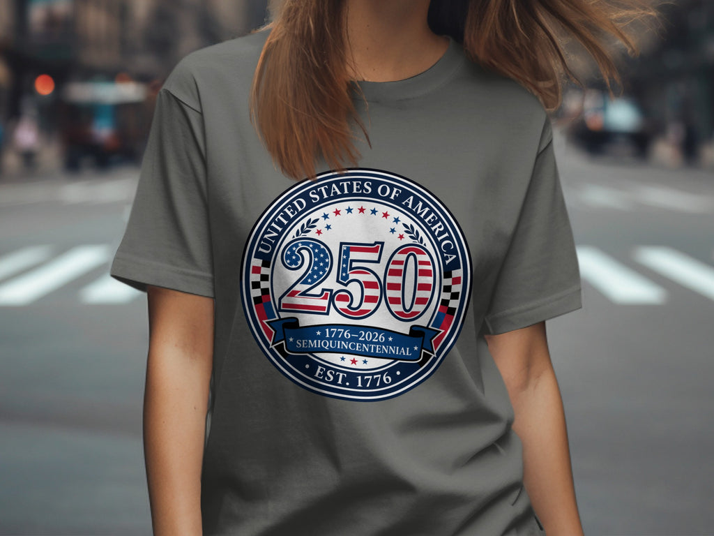 Gray t-shirt with "United States of America 250 Semiquincentennial Est. 1776" design.