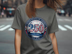 Gray t-shirt with "United States of America 250 Semiquincentennial Est. 1776" design.