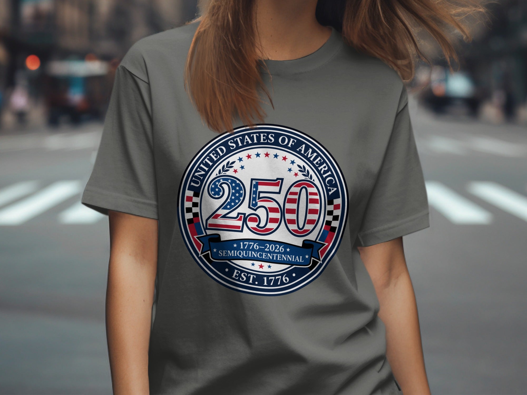 Gray t-shirt with "United States of America 250 Semiquincentennial Est. 1776" design.