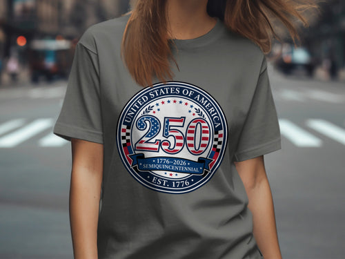 Gray t-shirt with "United States of America 250 Semiquincentennial Est. 1776" design.