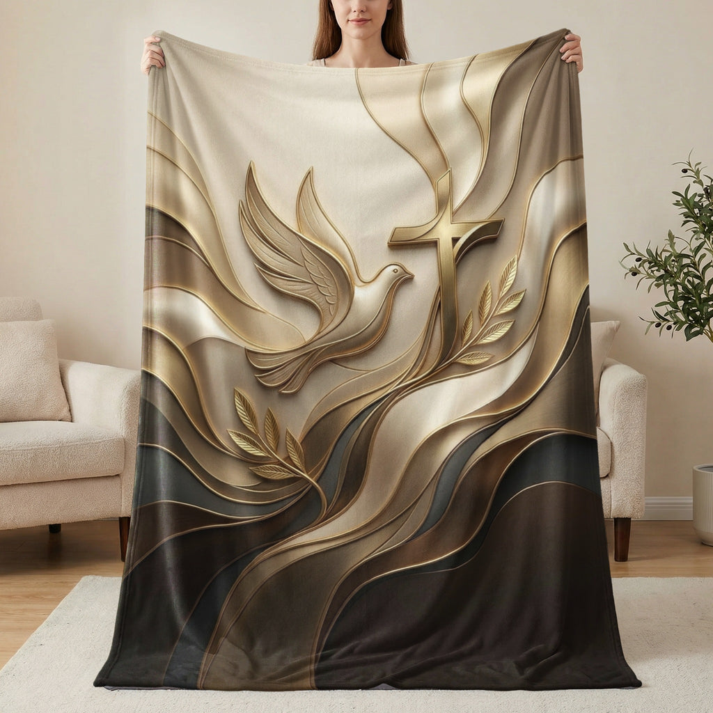 Golden dove and cross design on a textured blanket.