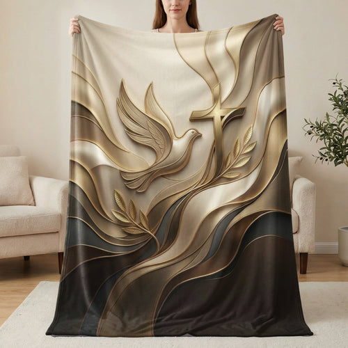Golden dove and cross design on a textured blanket.