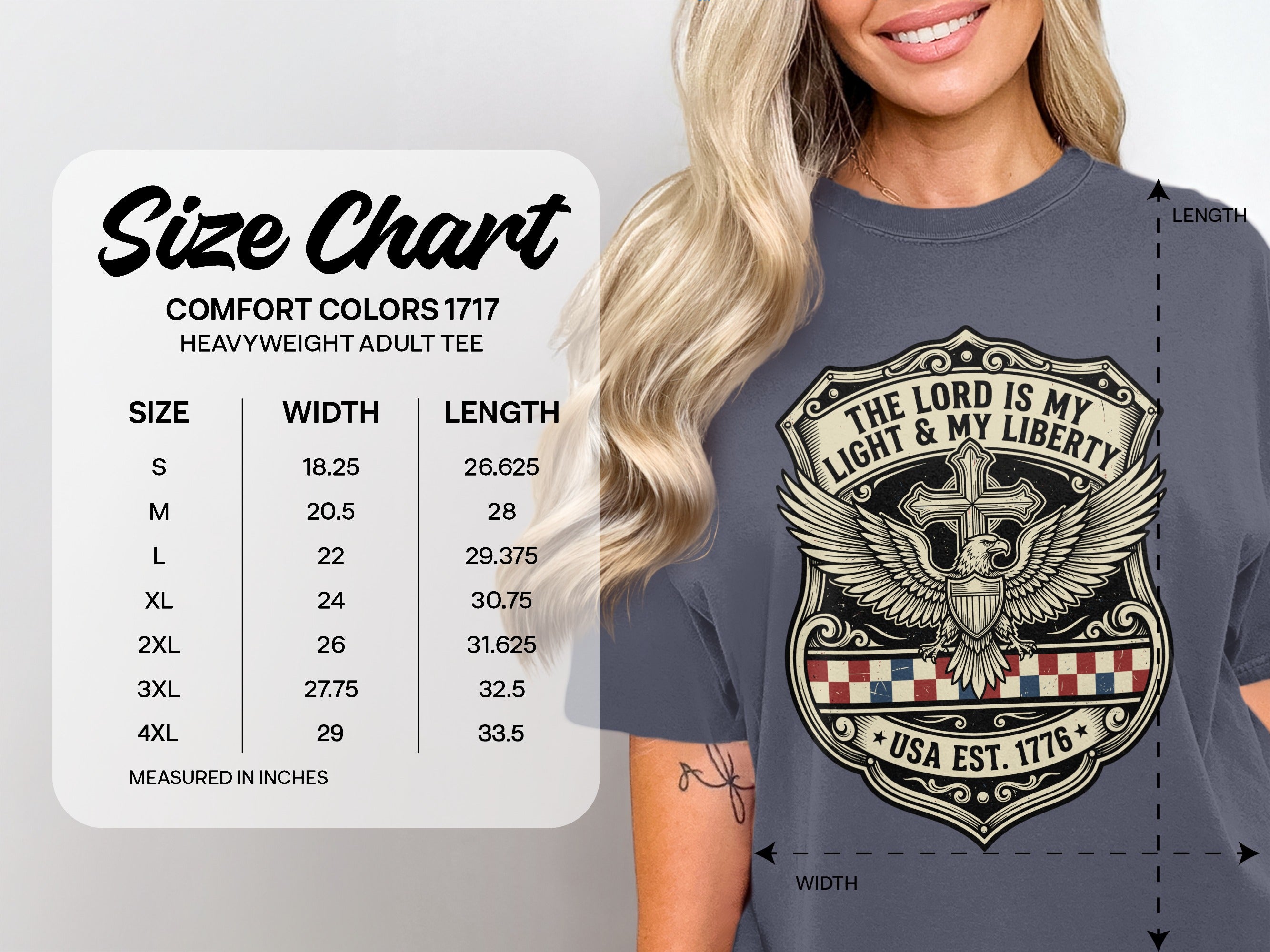 Comfort Colors size chart for heavyweight adult tee, with measurements.