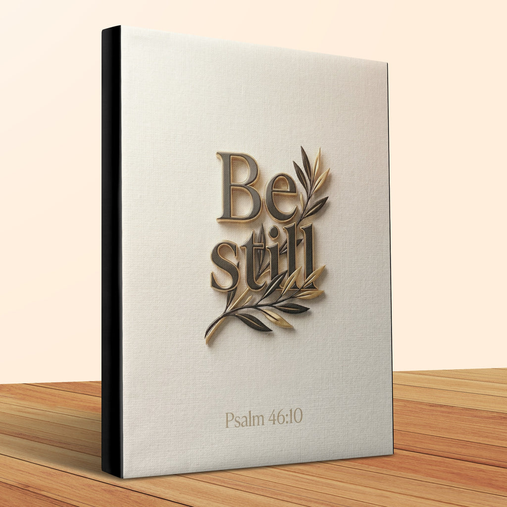 Be Still Psalm 46:10 devotional book with embossed gold lettering and olive branches.
