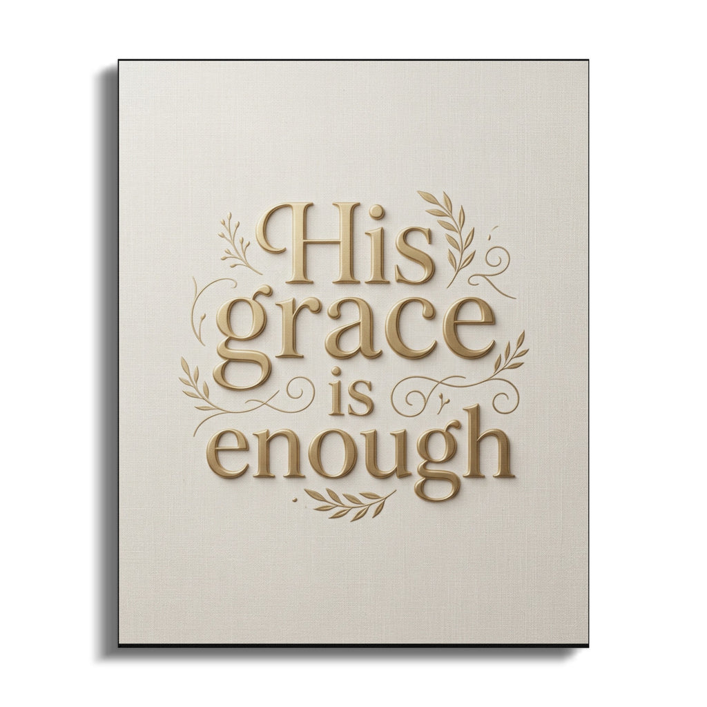 Text "His grace is enough" in gold lettering on a textured canvas.