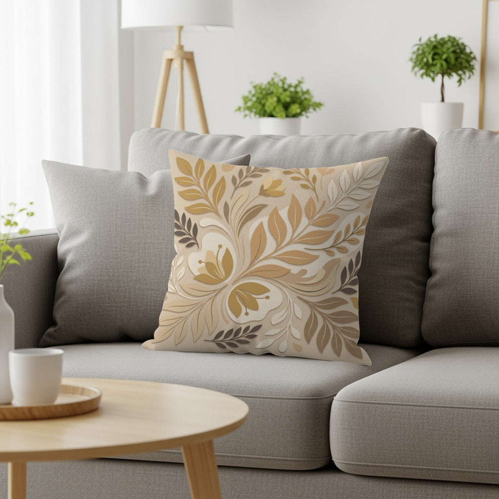 Cushion with floral pattern on a gray sofa next to a coffee table.