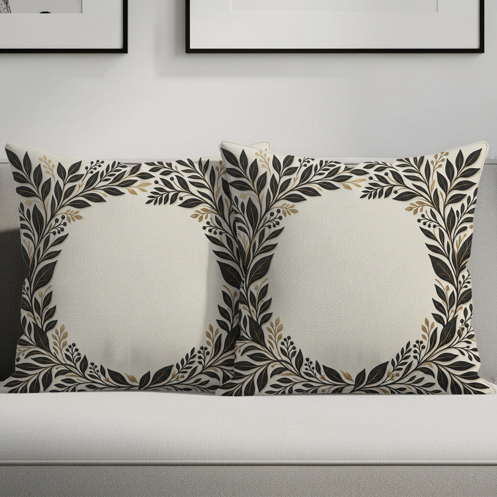 Two square throw pillows with a cream background and dark floral leaf border.