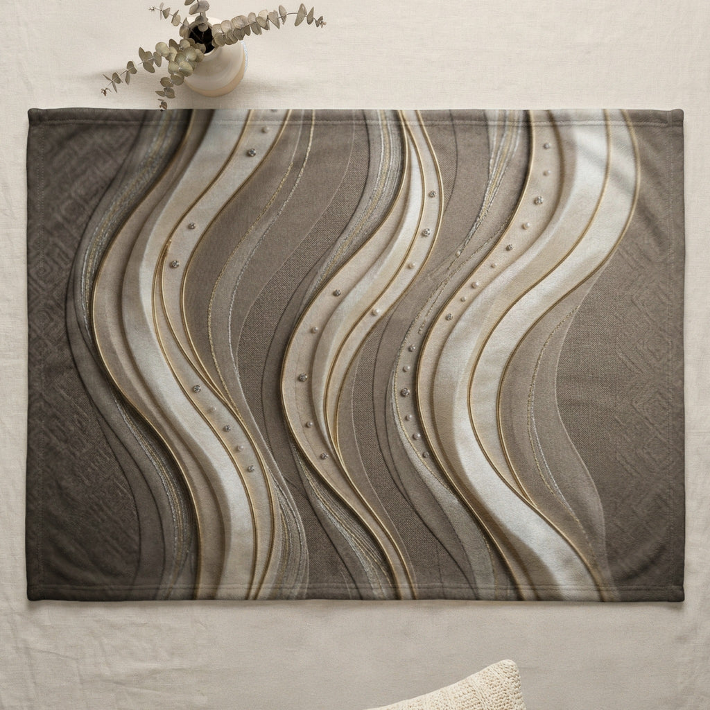 Textured blanket with abstract wavy gold and silver stripes and scattered beads.
