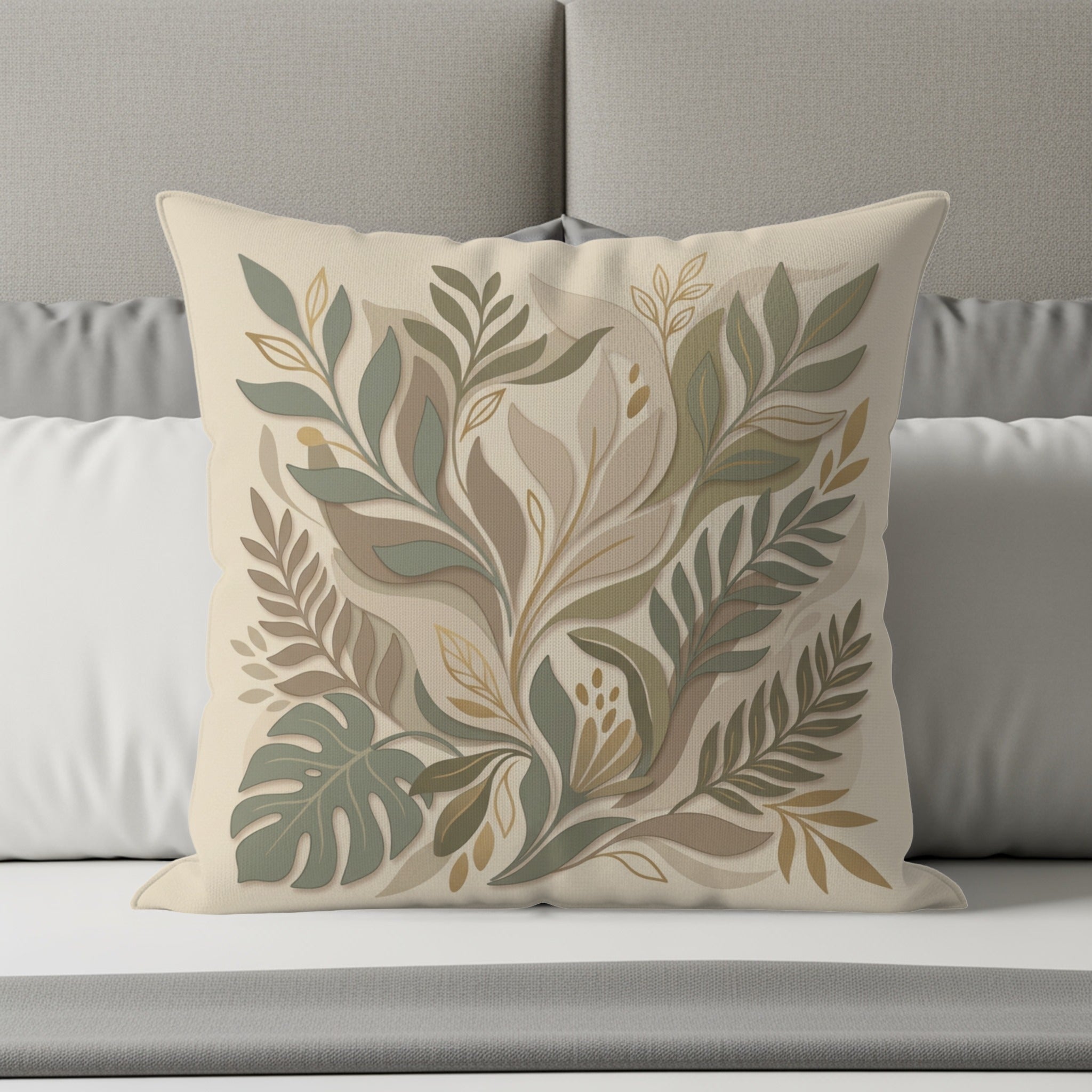 Square decorative pillow with botanical leaf pattern in muted green and beige tones.