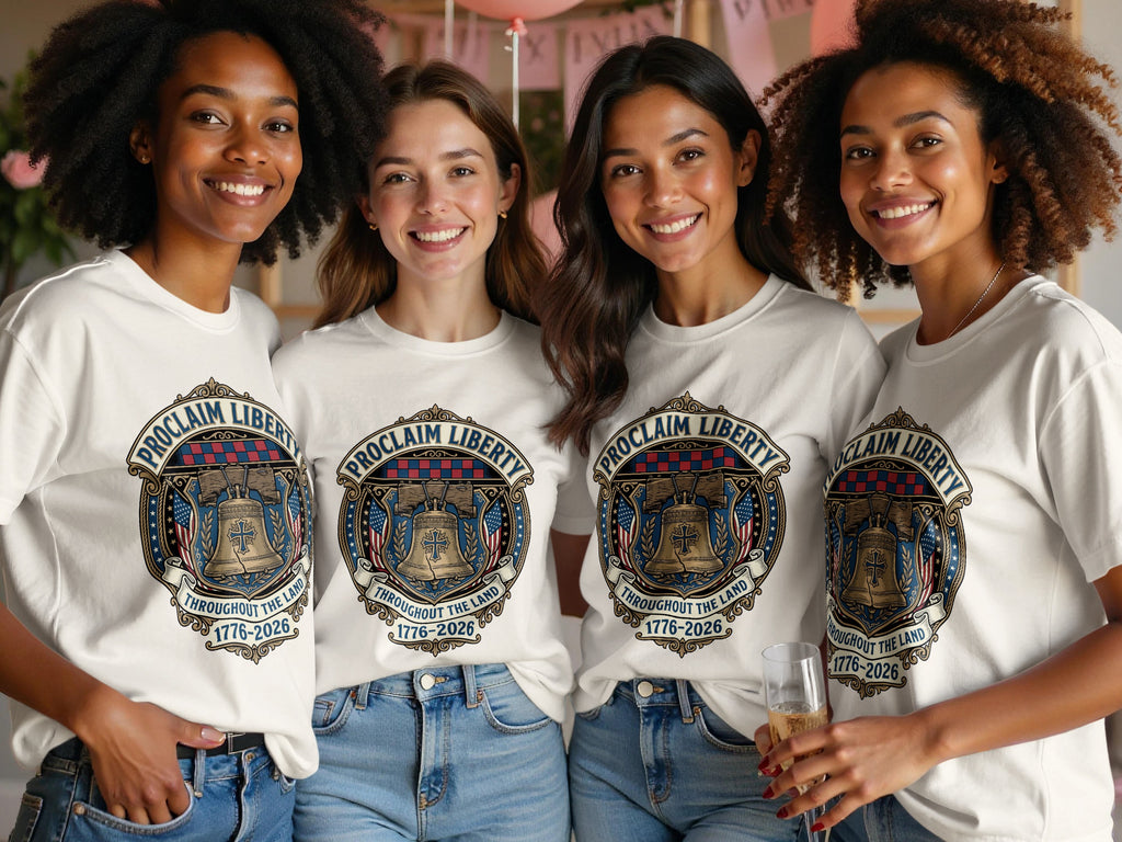 Four women in white t-shirts with "Proclaim Liberty" and the Liberty Bell design.