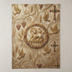 Embossed throw blanket with lamb, crosses, grapes, and doves.
