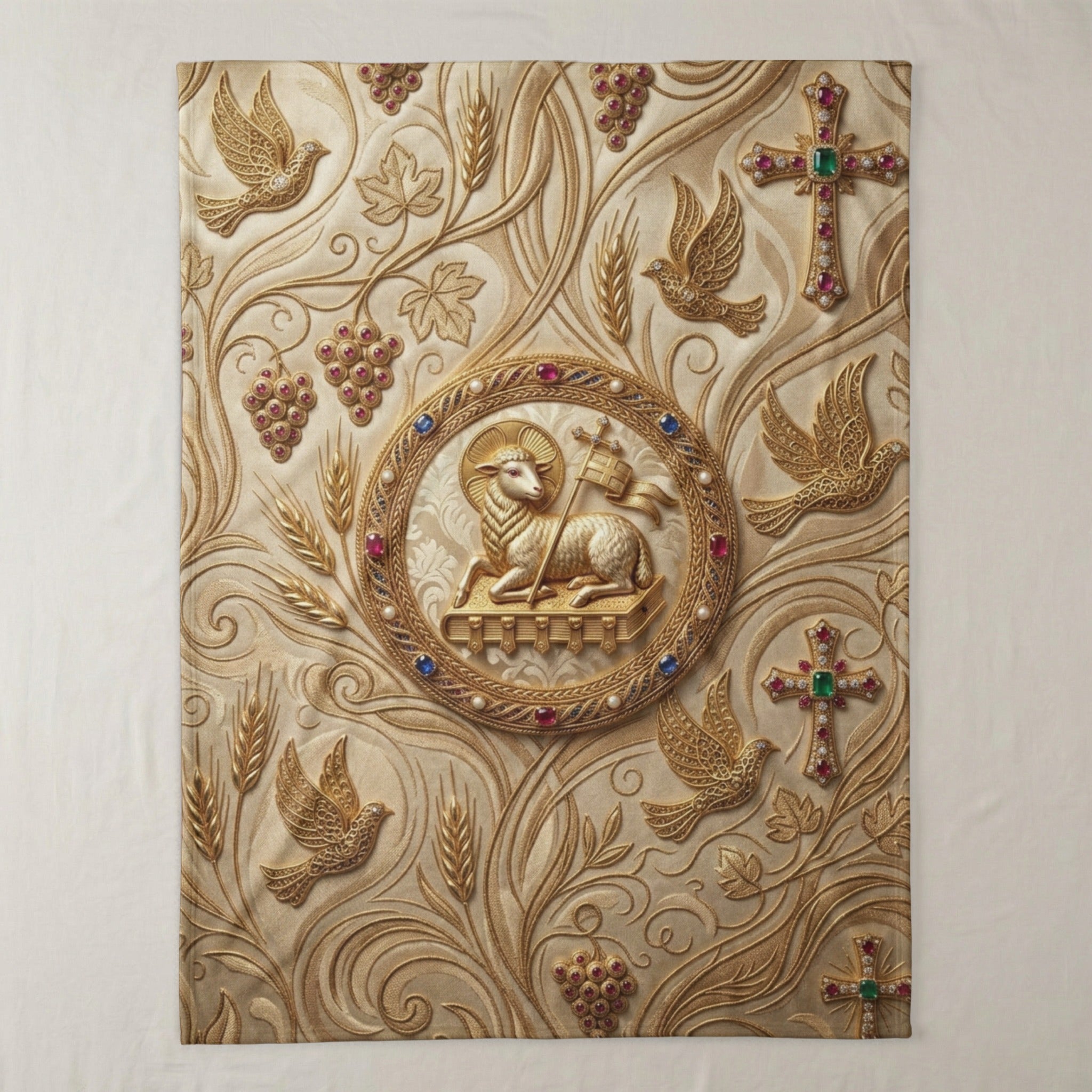 Embossed throw blanket with lamb, crosses, grapes, and doves.