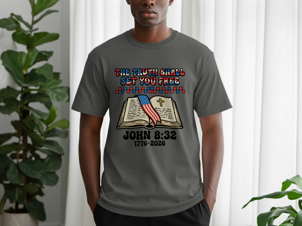 Grey t-shirt with "The Truth Shall Set You Free" and Bible verse John 8:32.
