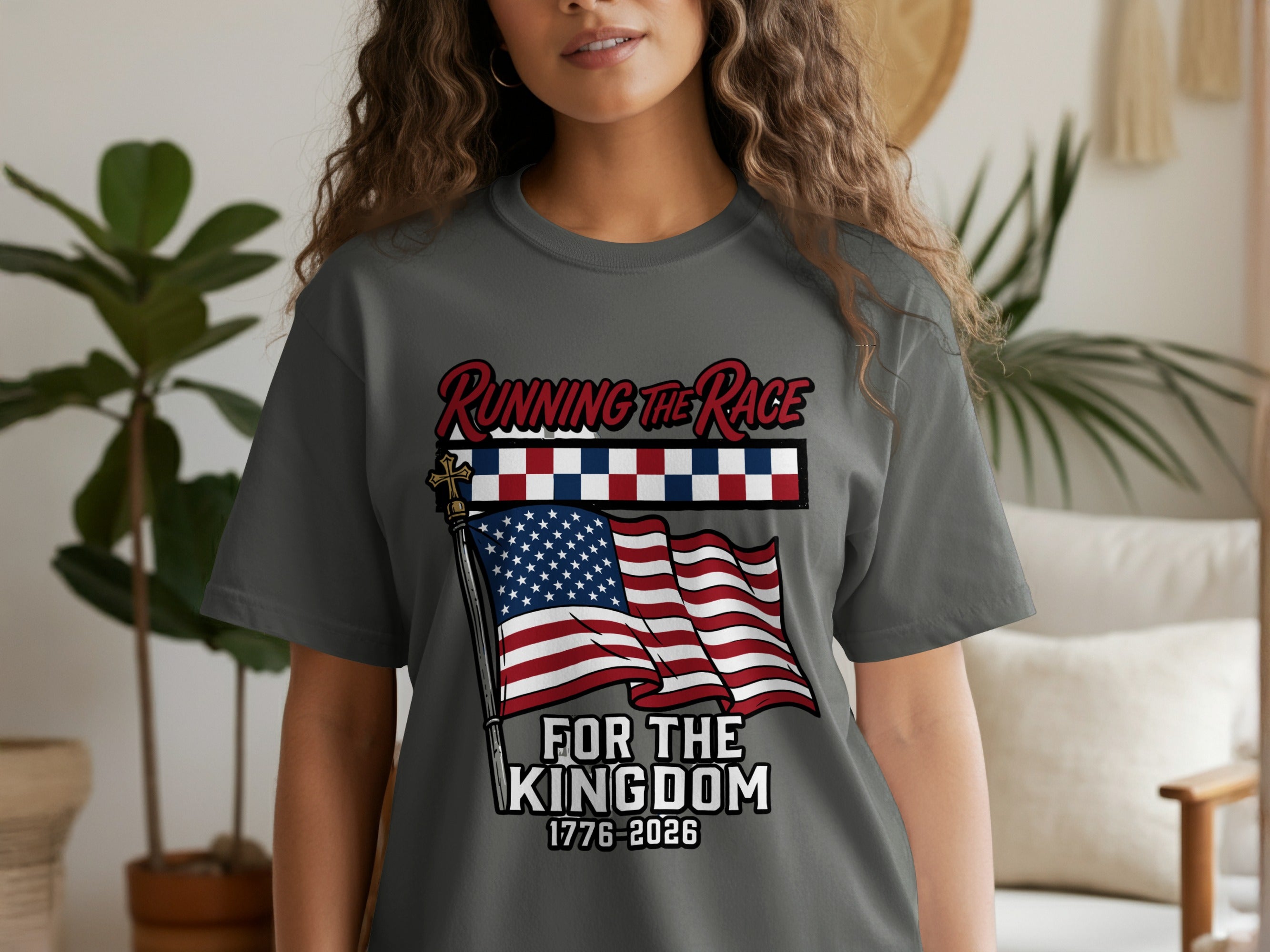 Gray t-shirt with "Running the Race for the Kingdom 1776-2026" and American flag graphic.