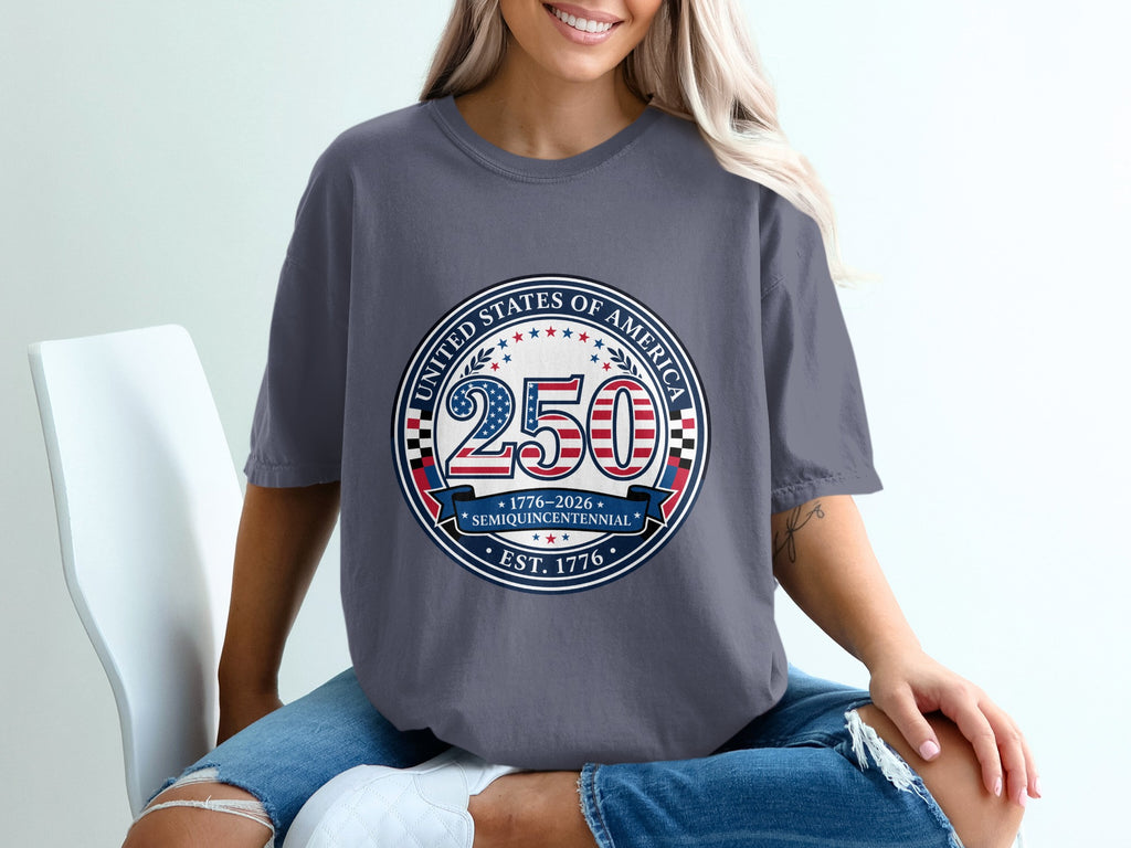 Gray t-shirt with circular "250 United States of America Semiquincentennial" graphic.