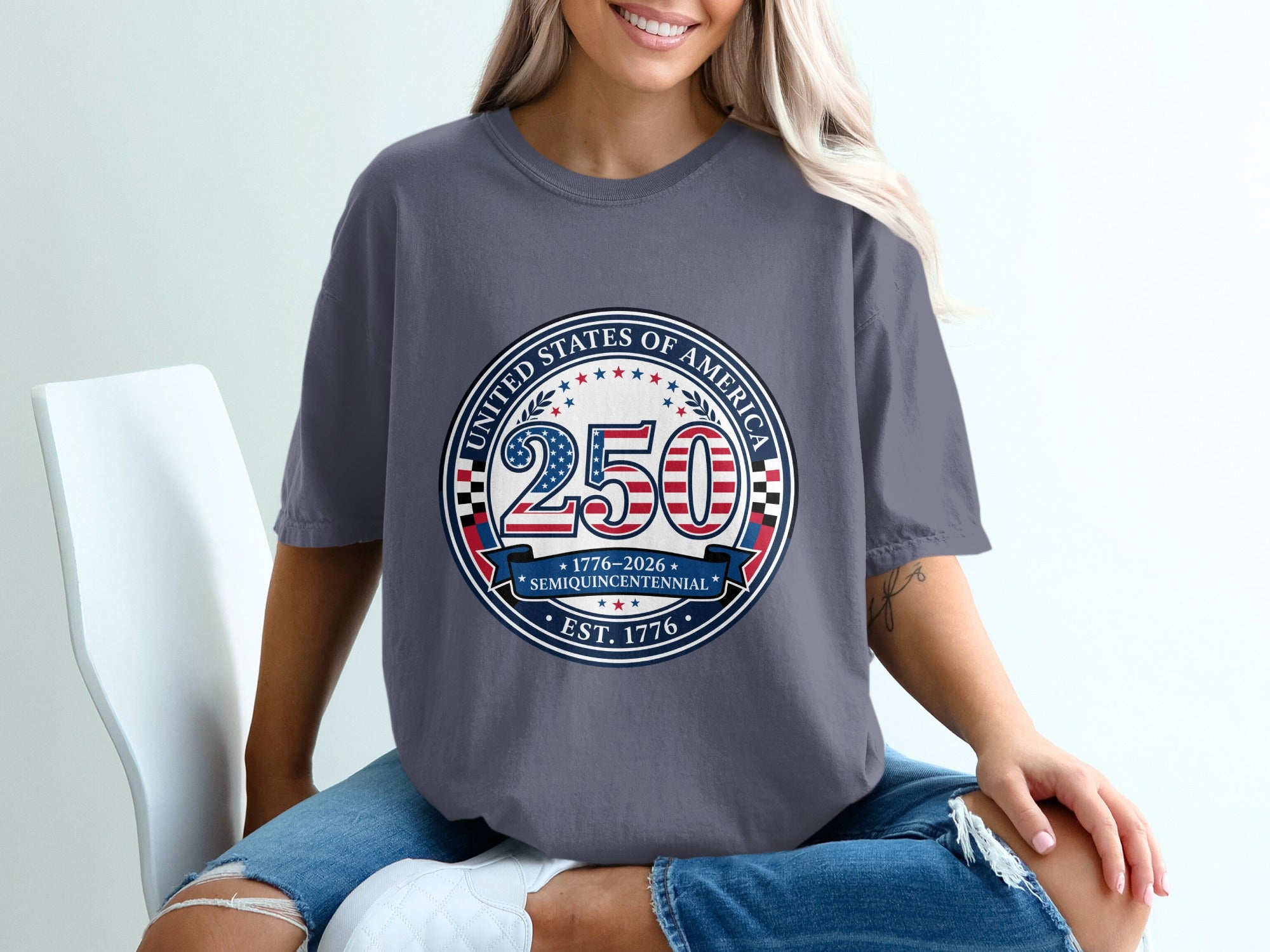 Gray t-shirt with circular "250 United States of America Semiquincentennial" graphic.
