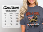 Size chart for Comfort Colors 1717 heavyweight adult tee, with lion graphic.
