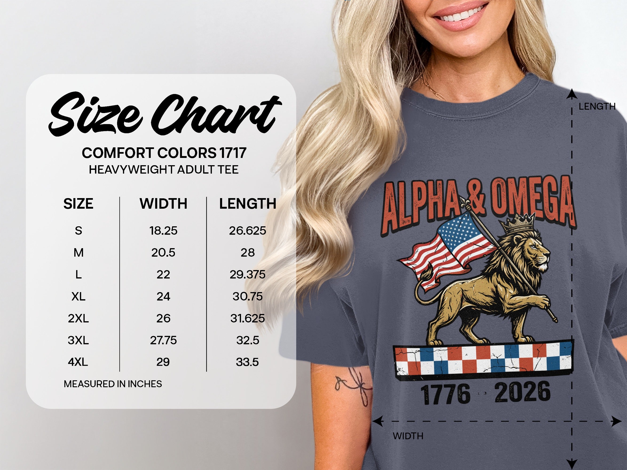 Size chart for Comfort Colors 1717 heavyweight adult tee, with lion graphic.