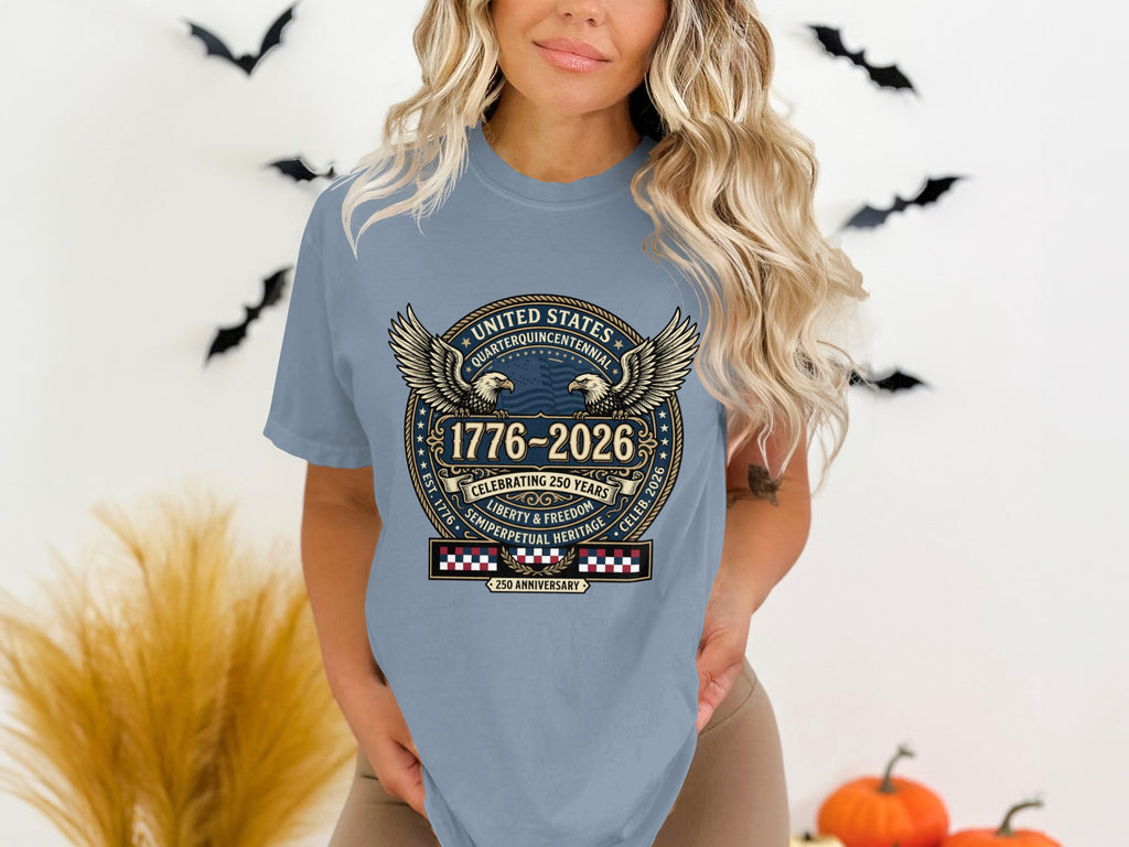Blue t-shirt celebrating United States Quarter-Quincentennial 1776-2026.
