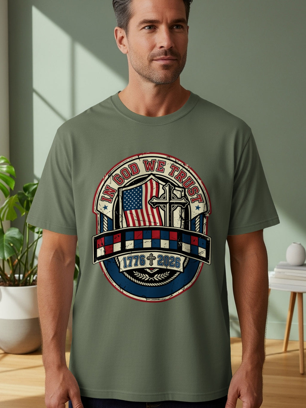 T-shirt with "In God We Trust" circular emblem featuring American flag and cross.