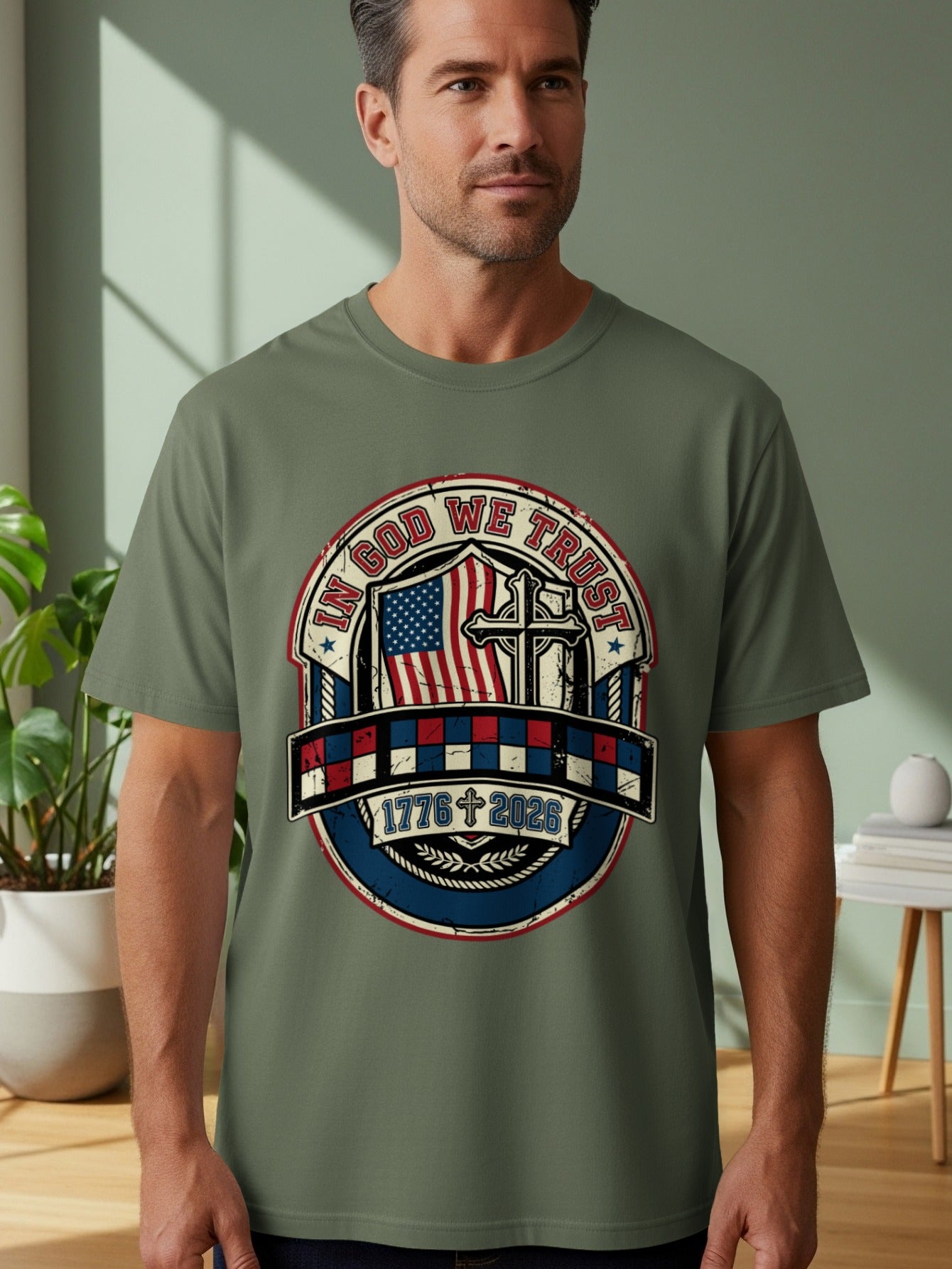 T-shirt with "In God We Trust" circular emblem featuring American flag and cross.