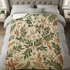 Religious floral pattern with crosses, doves, fish, and grapes on a cream blanket.