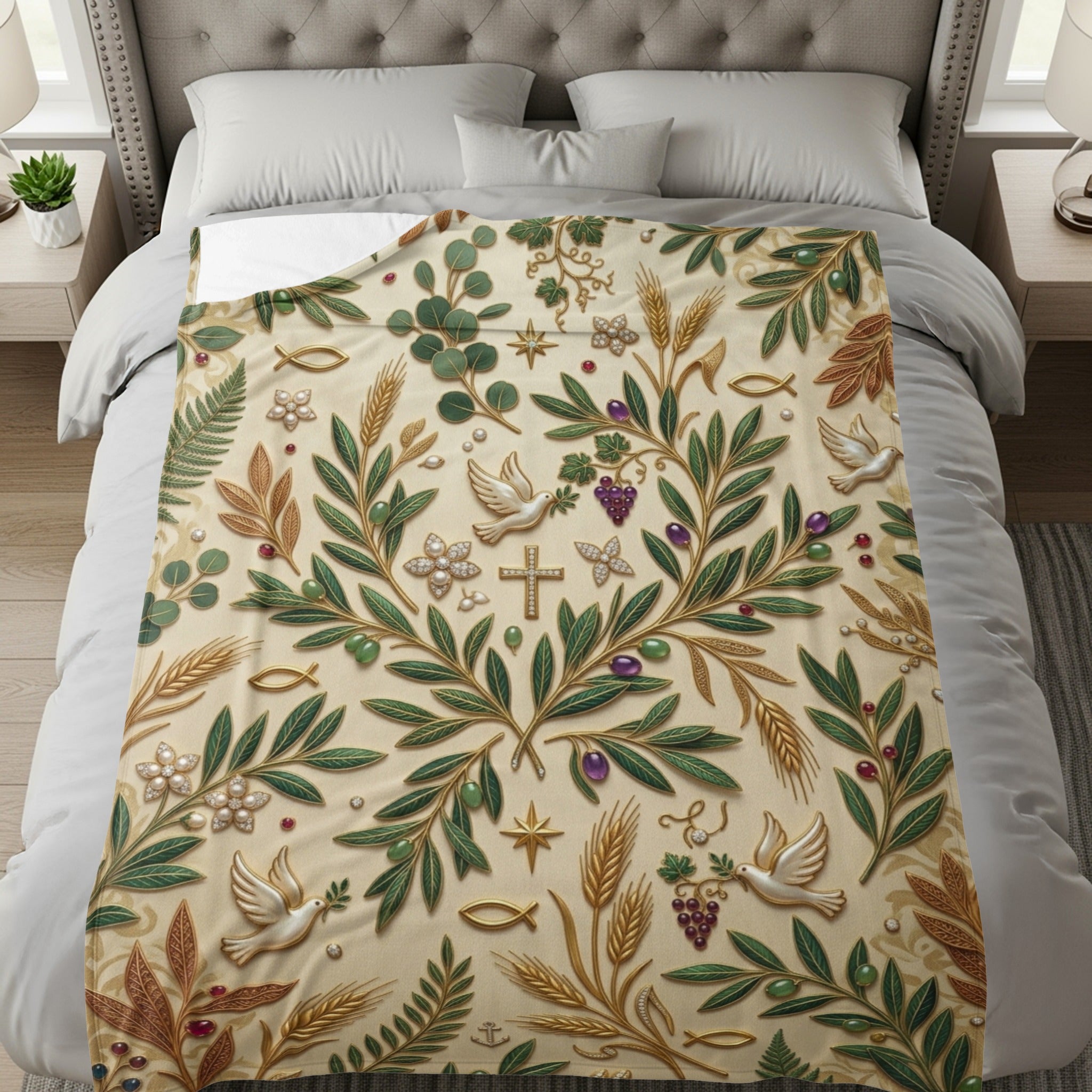 Religious floral pattern with crosses, doves, fish, and grapes on a cream blanket.