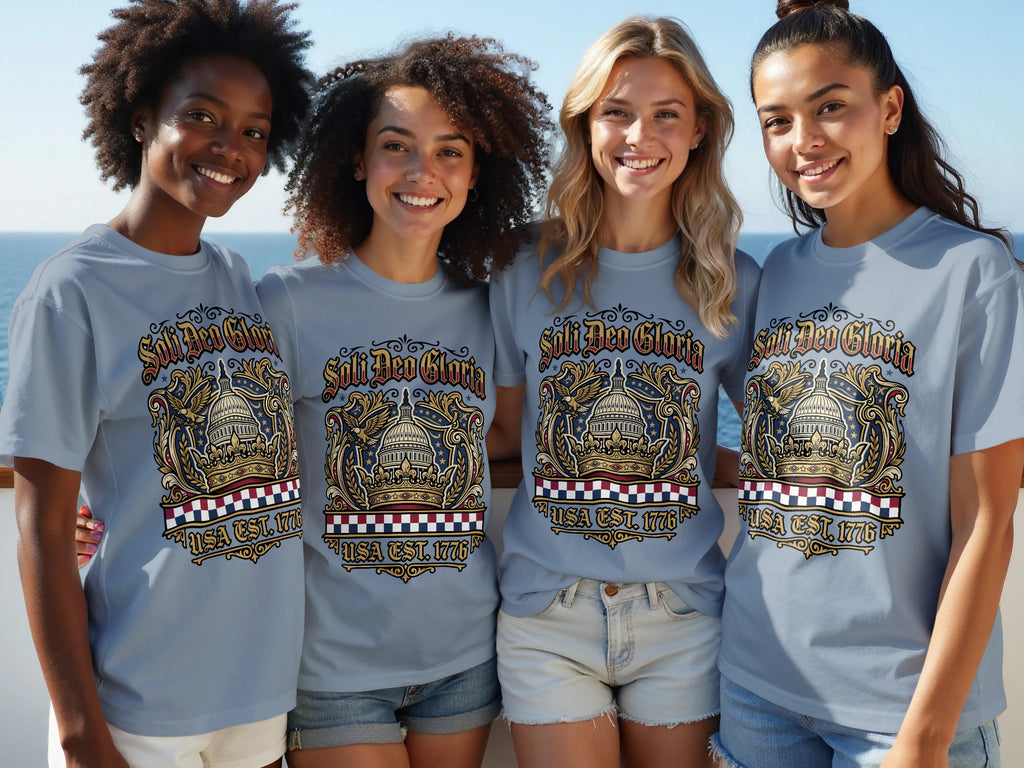 Four women wearing grey t-shirts with "Soli Deo Gloria USA EST. 1776" text.