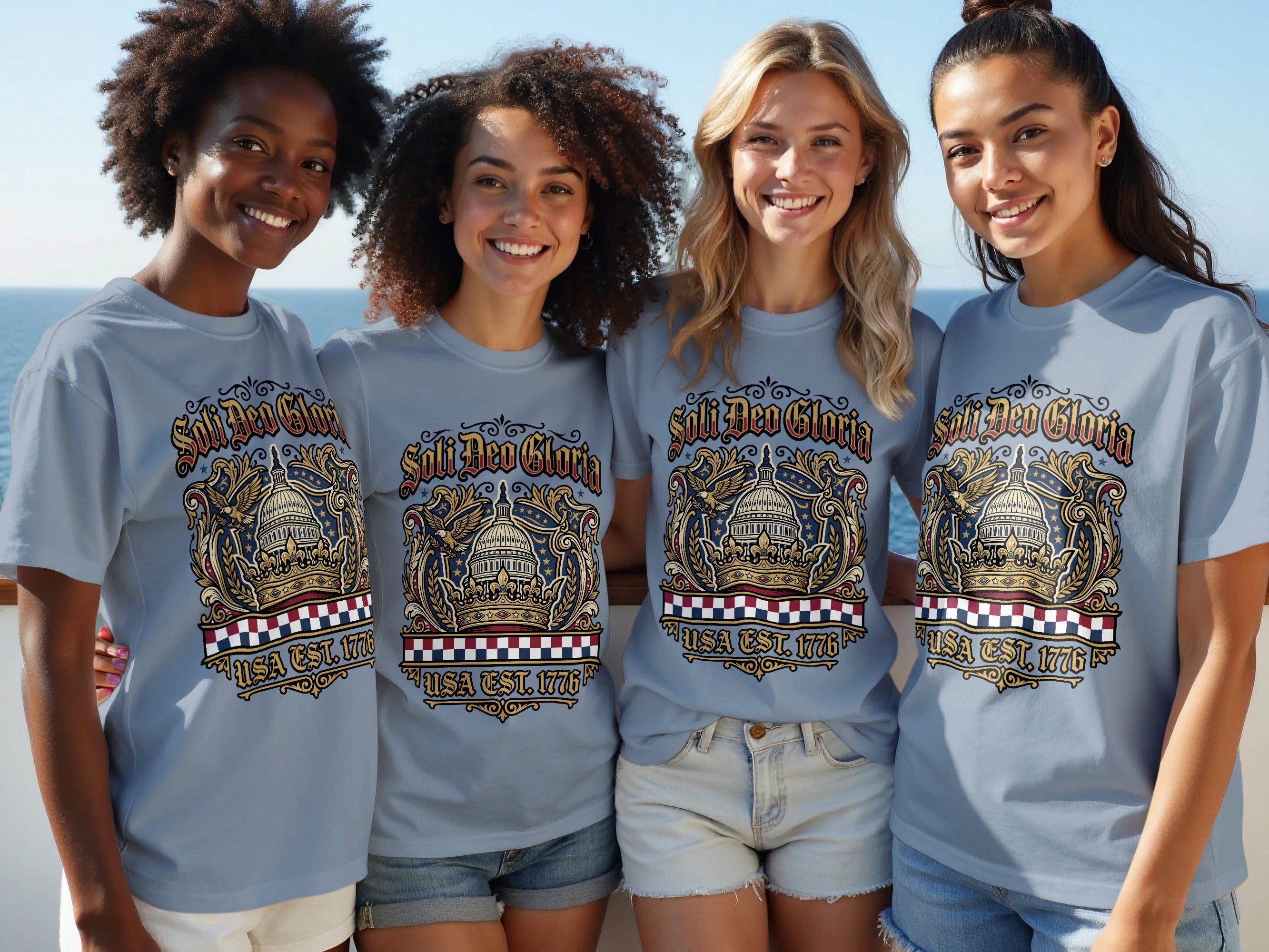 Four women wearing grey t-shirts with "Soli Deo Gloria USA EST. 1776" text.