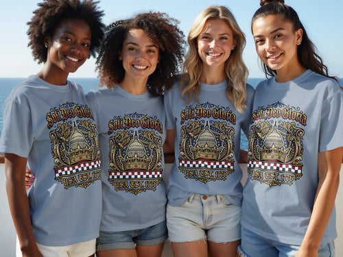 Four women wearing grey t-shirts with "Soli Deo Gloria USA EST. 1776" text.
