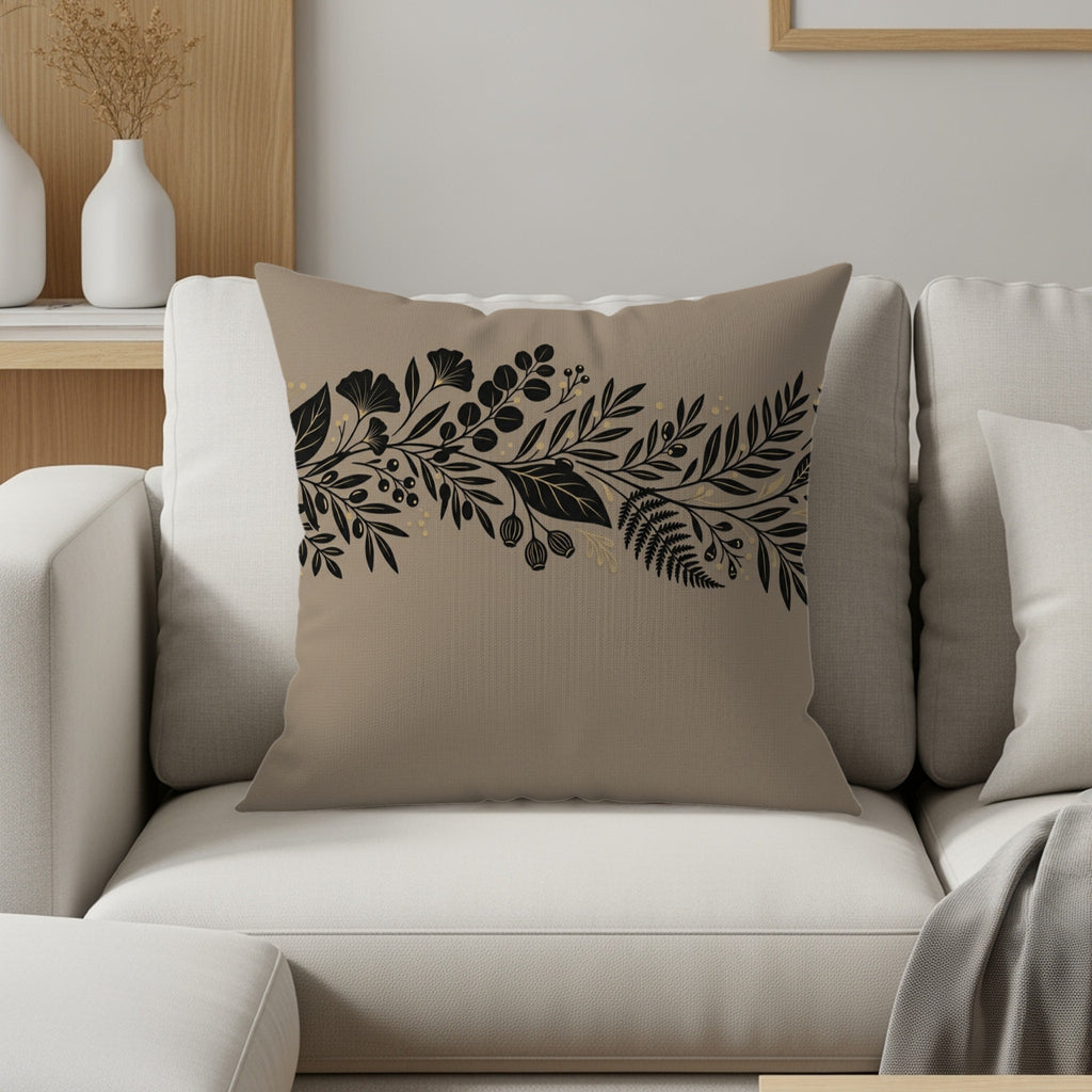 Tan throw pillow with black floral branch design on neutral couch.